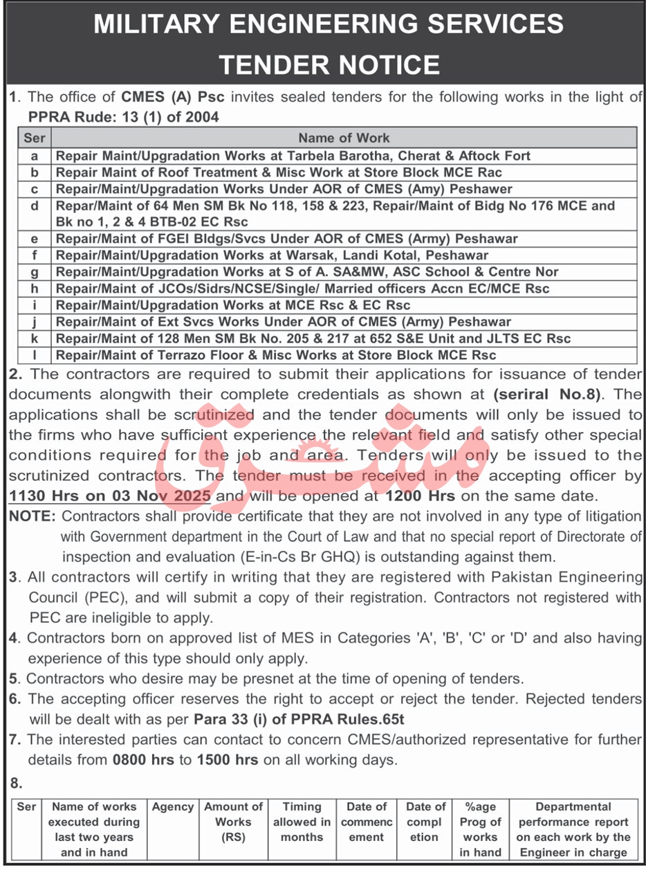 Military Engineering Services Tender Notice